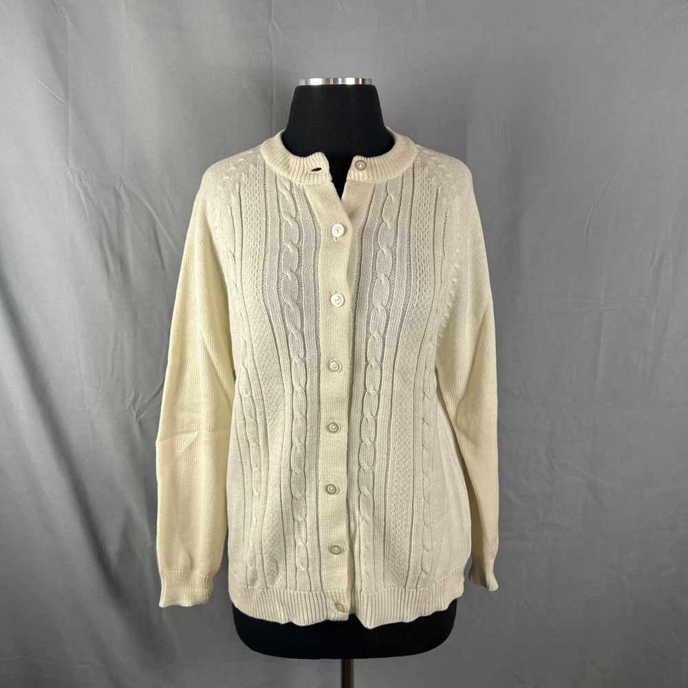 Society Cardigan Sweater Womens 42 Beige Cable Knit Button Front Ribbed Trim